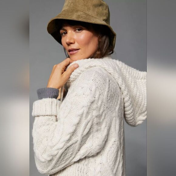 Anthropologie Nordic Hooded Cable-Knit Cardigan In Sand (Ivory) Size XS/S NWT - Picture 2 of 10